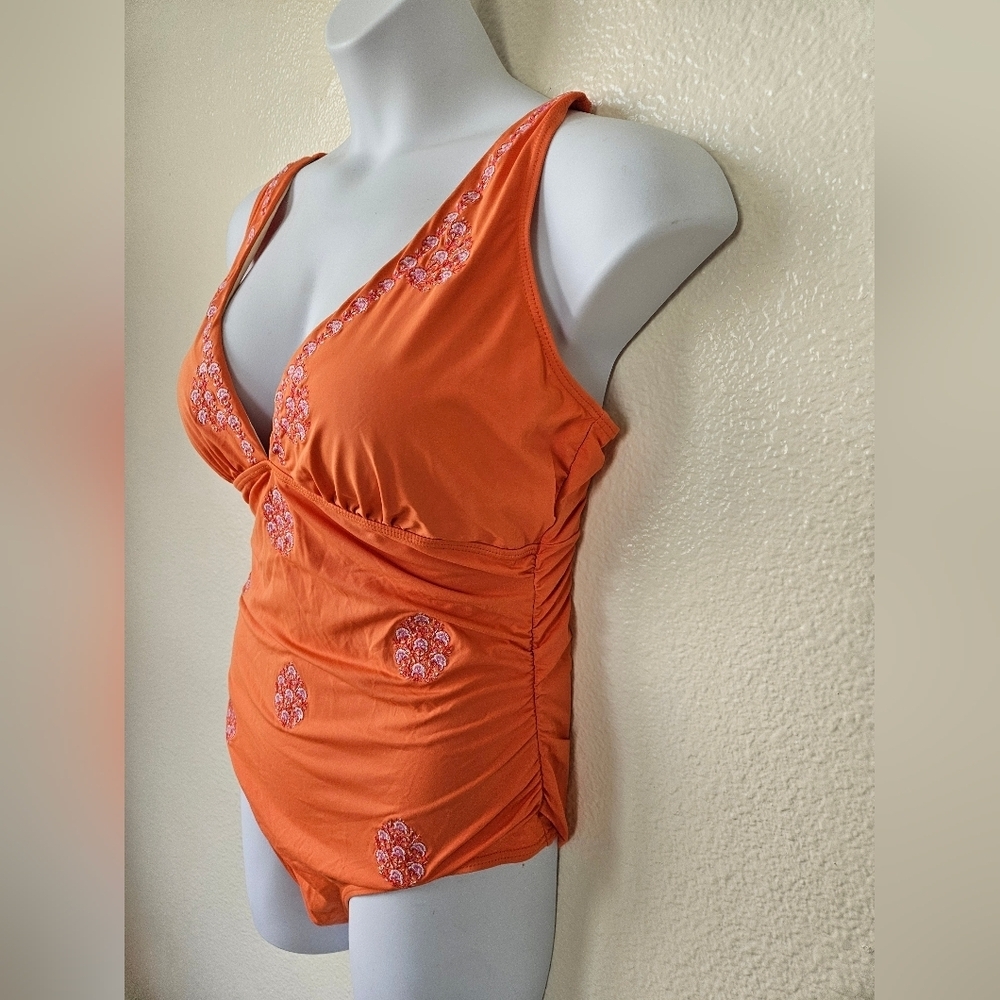 Sundance - Women's XL Orange One-Piece Swimsuit with Pink Floral Embroidery - Picture 5 of 11